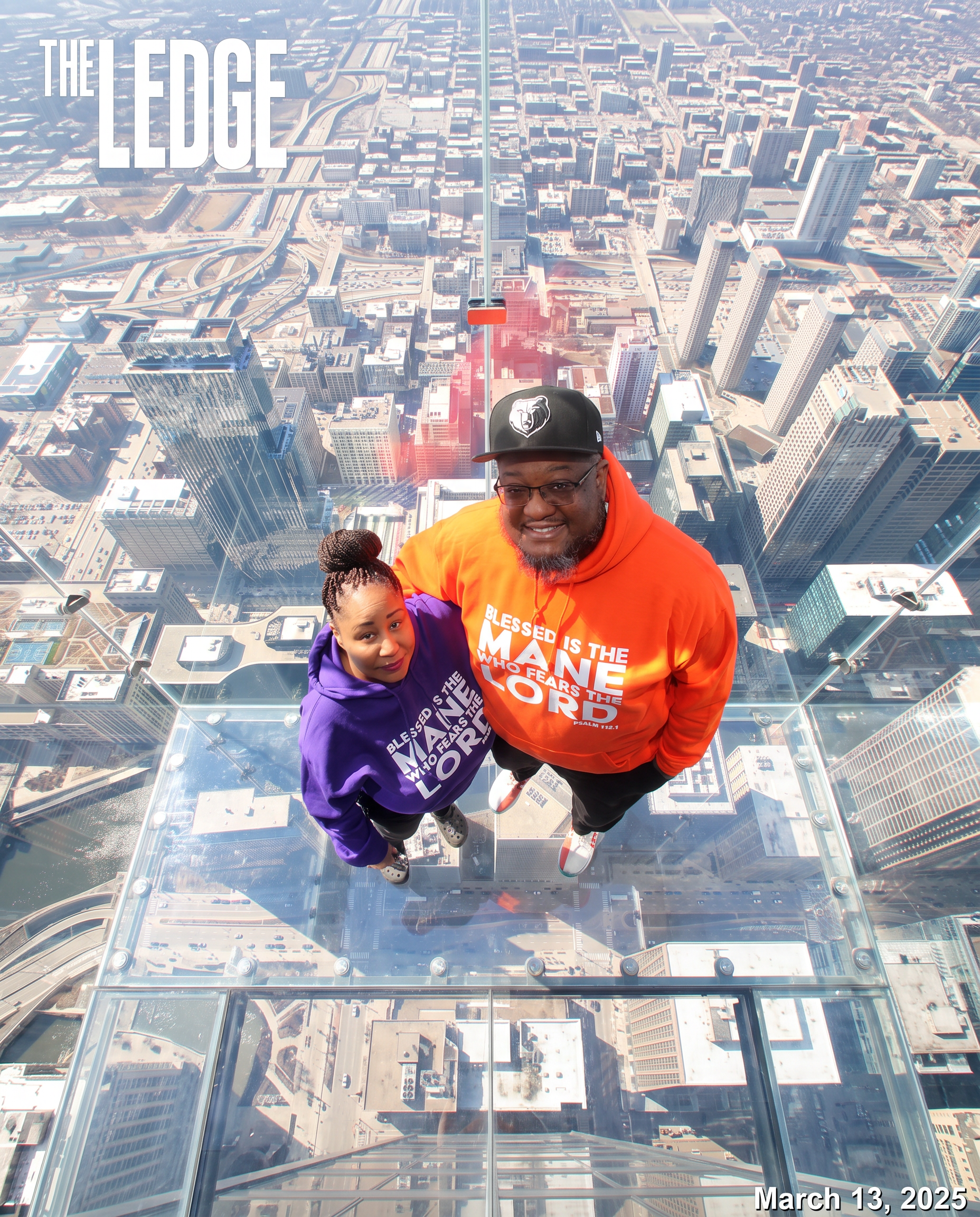 The Mannings posing together above a city skyline